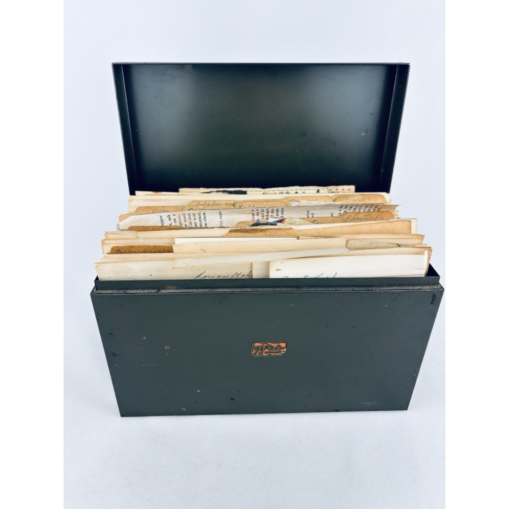 Vintage Weis Green Metal Recipe Box with Handwritten & Clipped Recipes